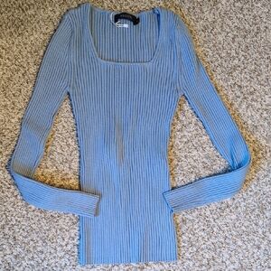 Blue Ribbed Long Sleeve Top Zesica Small Square Neck